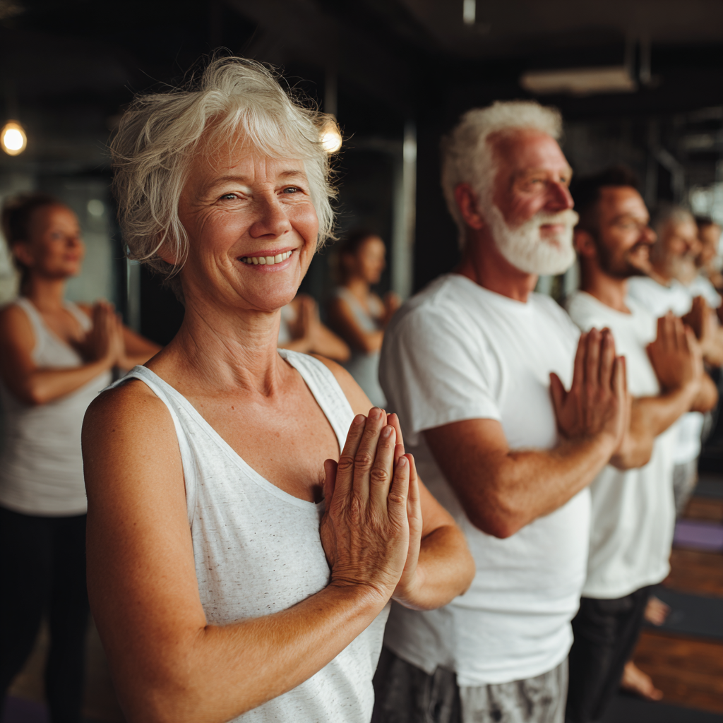 Group of mature adults enjoying yoga session together