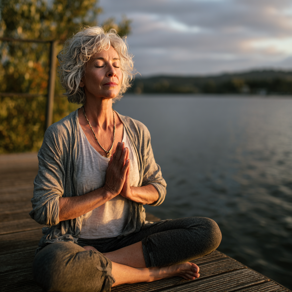 Mature woman practicing yoga in peaceful environment